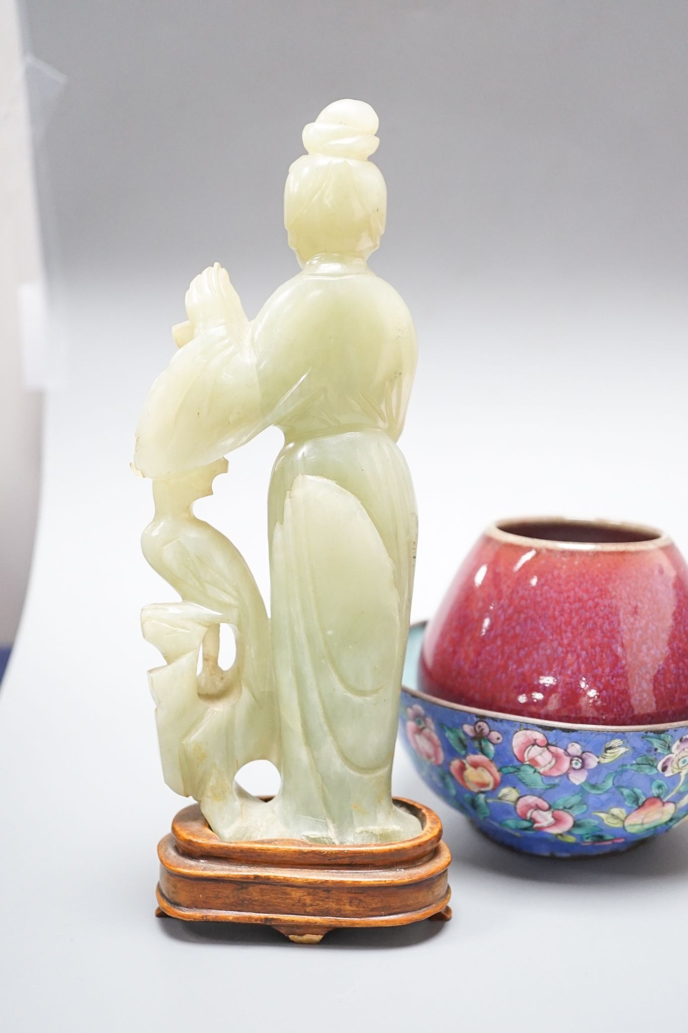 A Chinese bowenite jade figure of a lady, a Canton enamel bowl and a Jun type bud vase, tallest 20 cm high